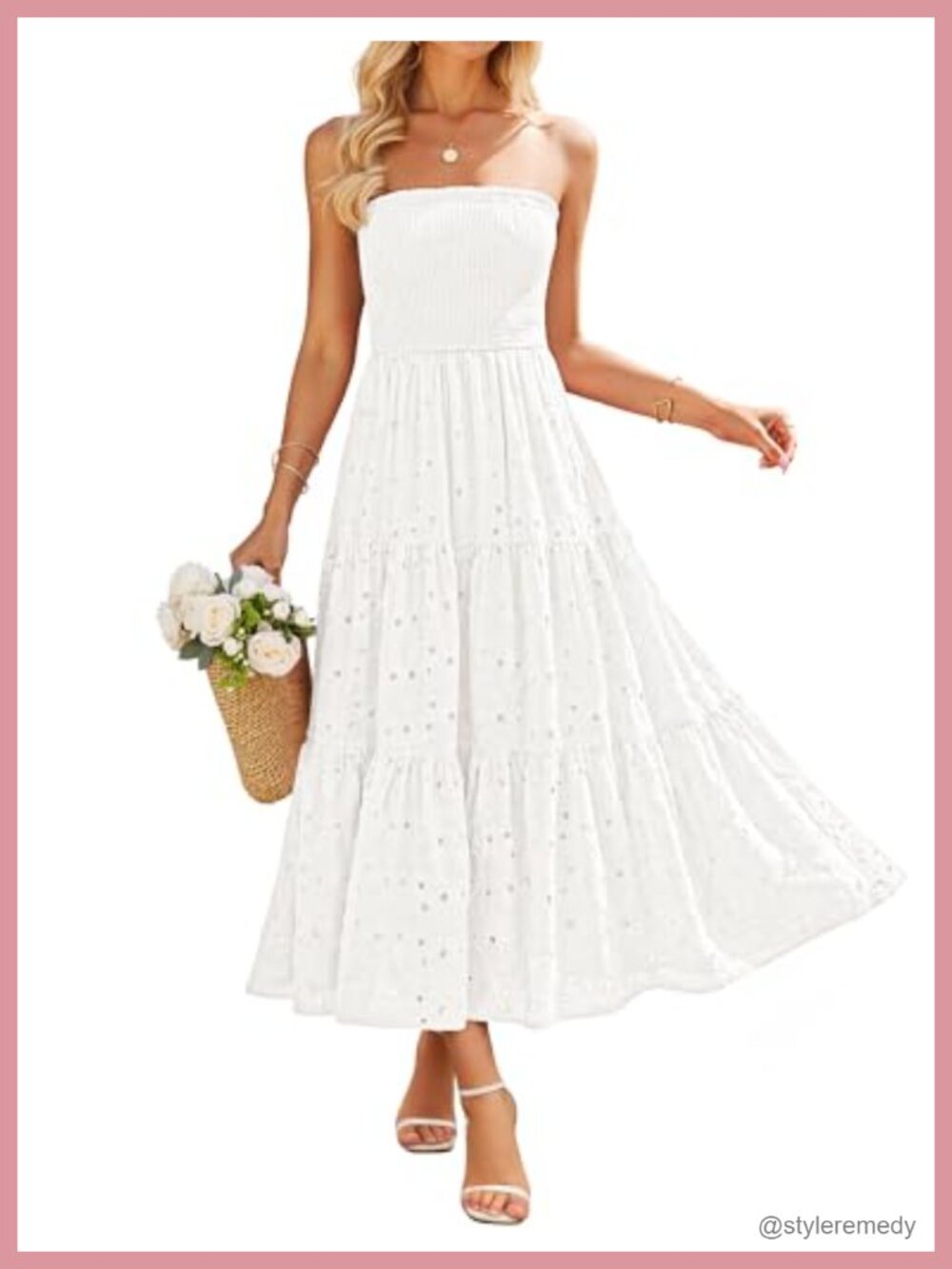 Smocked Strapless Boho Midi Dress Cotton Embroidered Summer Vacation